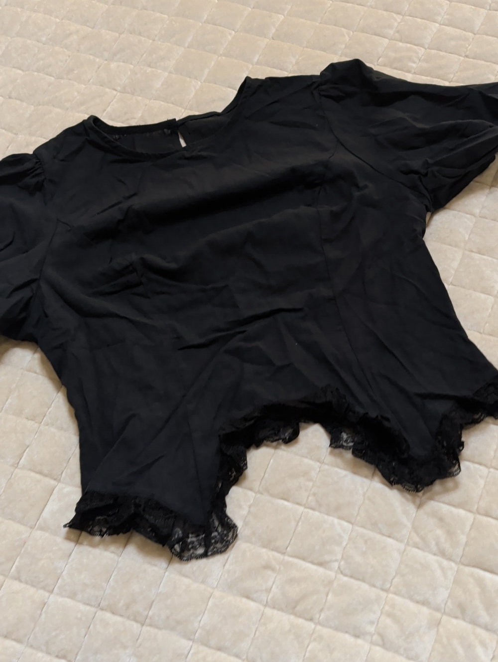SHEIN Black Lace-Trim Short Sleeve Blouse